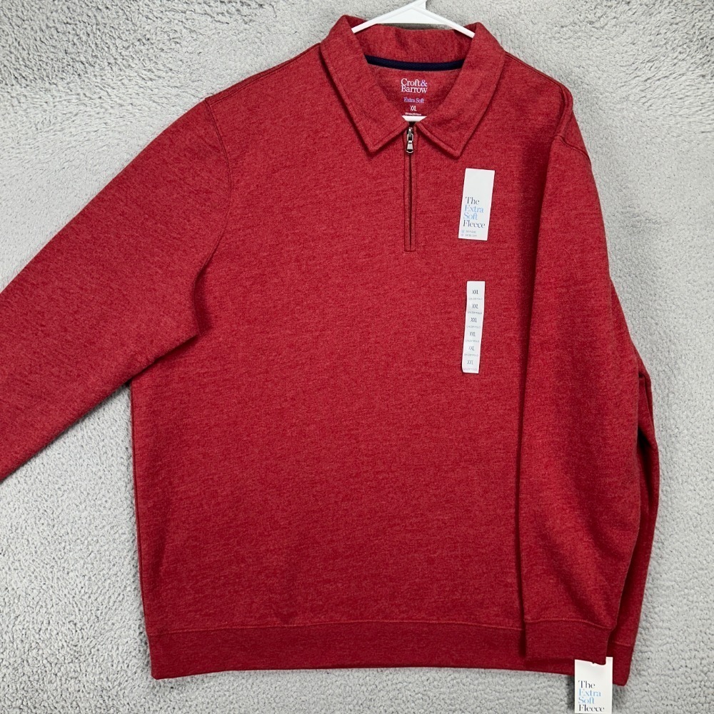 Croft Barrow Fleece Zip Polo Sweater Adult 2XL Red Extra Soft Pullover Mens NEW‎